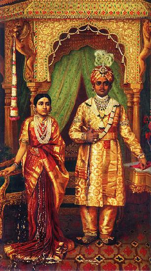 Raja Ravi Varma Krishnaraja Wadiyar IV and Rana Prathap Kumari of Kathiawar Norge oil painting art